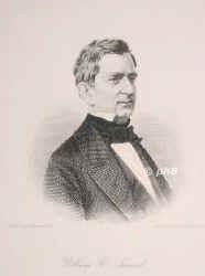 Seward, William Henry, 1801 - 1872, Florida (New York), Auburn, Nordamerikanischer Staatsmann, Fhrer der Freiboden oder Antisklavereipartei, 1861 Staatssekretr, gleichzeitig mit der Ermordung Lincolns 1865 ward Seward samt seinem Sohne durch Lewis Payne schwer verwundet. Reisender (nach ihm benannt die SewardHalbinsel in Alaska), Schriftsteller., Portrait, STAHLSTICH:, Weger sc.