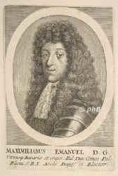 BAYERN: Maximilian II. Emanuel, Kurfrst von Bayern, 1662 - 1726, Mnchen, Mnchen, Regent 16791726. ltester Sohn u. Nachfolger von Kurfrst Ferdinand Maria (16361679) u. Adelaide Henriette von Savoyen (16361676); vermhlt 1) 1685 mit Erzherzogin Marie Antonie von sterreich (16691692), Tochter von Kaiser Leopold I.; 2) 1695 mit Therese Kunigunde (16761730), Tochter von Knig Jan III. Sobieska von Polen.  Feldherr gegen die Trken, strmte 1688 Belgrad, 1703 Hchstdt. 1691 Statthalter der Spanischen Niederlande, im Spanischen Erbfolgekrieg auf der Seite Frankreichs, siegte 1703 bei Hchstdt, wurde 1704 dort geschlagen. 170614 vom Kaiser gechtet und landesvertrieben.  Erbauer von Schlo Nymphenburg.   Vater von Kaiser Karl VII., Portrait, KUPFERSTICH:, [Merian exc.]