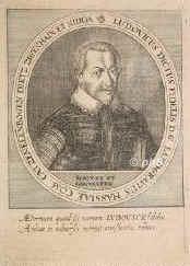 HESSEN: Ludwig V., der Getreue, Landgraf von Hessen-Darmstadt, 1577 - 1626, Darmstadt, Darmstadt, Regent 15961626. ltester (2.) Sohn u. Nachfolger von Landgraf Georg I. (15471596) aus 1. Ehe mit Grfin Magdalene zur Lippe (15521587); vermhlt 1598 mit Magdalene von Brandenburg (15821616), Tochter von Kurfrst Johann Georg.  Stiftete 1605/07 die lutherische Universitt Gieen (gegen die reformierte Universitt Marburg in HessenKassel) u. hob sie nach der Erwerbung Marburgs wieder auf., Portrait, KUPFERSTICH:, [Merian sc.]