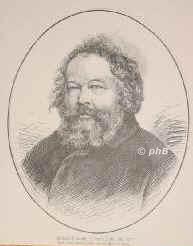 Bakunin, Michail Alex., 1814 - 1876, Prjamuchino, Bern, Russischer Revolutionr, Anarchist. 1840 in Berlin, 1842 nach Dresden, Paris, Brssel, Mai 1849 Mitglied der revolutionren Regierung in Dresden, in Chemnitz verhaftet, Schlsselburg, Ostsibirien, entkam 1860, London, Genf, Locarno, Portrait, HOLZSTICH:, G. Baer in Bern phot.  Monogr. : H. S. [del. et sc.]