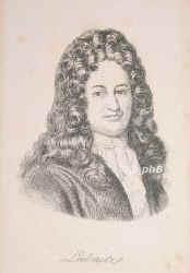 Leibniz, Gottfried Wilhelm (1709 Freiherr von), 1646 - 1716, Leipzig, Hannover, Philosoph, Mathematiker u. Universalgelehrter. 1667 Sekretr des kurmainzischen Ministers Johann Christian von Boyneburg, seit 1676 als Bibliothekar u. Historiograph in hannv. Diensten, seit 1691 auch Leiter der Wolfenbtteler Bibliothek, 1696 kurhannov. Geh.Justizrath. 1700 Begrnder u. erster Prsident der Berliner Akademie der Wissenschaften., Portrait, RADIERUNG:, ohne Adresse, um 1840.