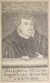Mylius (Mller), Georg, 1548 - 1607, Augsburg, , Lutherischer Theologe, trat gegen die Einfhrung des von Gregor XIII verbesserten Kalenders auf. Als Diakon in Augsburg vertrieben, 1584 in Ulm, 1585 Prof. in Wittenberg, 1598 in Jena., Portrait, KUPFERSTICH der Zeit:, ohne Adresse