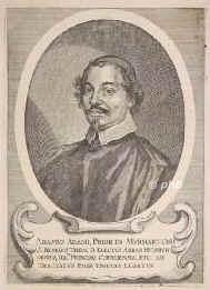 Adami, Adam, 1610 - 1663, Mlheim (Ruhr), Hildesheim, Kathol. Theologe, Historiker und Diplomat, Weihbischof von Hildesheim. 1628 Benediktiner in Brauweiler bei Kln, 1634 Rektor in Kln, 1637 Prior in Mainz, 1643 Abt des Klosters Murhart, Bevollmchtigter der Klster in Schwaben zum Westfl. Frieden , Gesandter des Frstabts von Corvey in Osnabrck und Mnster, 1649 Gesandter am Vatikan., Portrait, KUPFERSTICH:, [Merian exc.]