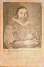 Hottinger, Johann Heinrich, 1620 - 1667, Zrich, [ertrunken], Orientalist. Reformierter Theologe. 1642 Professor der Kirchengeschichte, 1648 der Orientalistik in Zrich, 1655 in Heidelberg, 1661 in Zrich., Portrait, KUPFERSTICH / RADIERUNG:, Monogrammist: F.W. f[ec].   Conrad Meyer pinxit et sc.