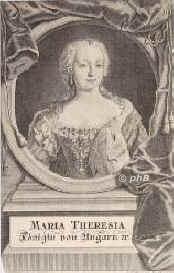 DEUTSCHES REICH, HL.RM.: Maria Theresia, Knigin von Bhmen u. Ungarn, 1745 rm.-deutsche Kaiserin, 1717 - 1780, Wien, Wien, lteste Tochter von Kaiser Karl VI. (16851740) u. Elisabeth Christine von BraunschweigWolfenbttel (16911750); vermhlt 1736 mit Herzog Franz Stephan von Lothringen, seit 1745 als Franz I. rm.deutscher Kaiser (17081765).  174080 Knigin von Ungarn und Bhmen (als Mria Terzia).  Mutter der Kaiser Joseph II. und Leopold II., Portrait, KUPFERSTICH:, A. Reinhardt sc. 1744.