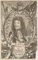 DEUTSCHES REICH, HL.RÖM.: Leopold I., röm.-deutscher Kaiser, 1640 - 1705, Wien, Wien, Regent 1657–1705. Dynastie Habsburg. Sohn von Kaiser Ferdinand III. (1608–1657) aus 1. Ehe mit Maria Anna von Spanien (1606–1646); vermählt 1) 1666 mit Margarita Teresa von Spanien (1651–1673), Tochter von König Philipp IV., 2) 1673 mit Klaudia Felizitas (1653–1676), Tochter von Erzherzog Ferdinand Karl von Tirol, 3) 1676 mit Eleonore Magdalene Theresia von Pfalz–Neuburg (1655–1720), Tochter von Kurfürst Philipp Wilhelm. – Vater der Kaiser Joseph I.1678–1711) und Karl VI. (1685–1740). – 1655 König von Ungarn (als Lipót I.), 1657 König von Böhmen, 1658 zum Kaiser gekrönt. – Gründete die Universitäten Innsbruck, Olmütz und Breslau. Klavierspieler und Komponist., Portrait, KUPFERSTICH der Zeit:, ohne Adresse