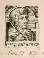 MEISSEN: Ekbert II. von Braunschweig, Markgraf von Meien,   - 1089, , , Regent 106889, Dynastie Braunschweig.  Sohn des Brunonen Ekbert I.  Seine Tochter Gertrud heiratet 1101 Markgraf Heinrich I. von Meien (+1103).  Mnzherr des Dorfes Winsum (in der niederlnd. Provinz Groningen). Trat als Gegenknig gegen Heinrich IV. auf, wurde gechtet und fand einen gewaltsamen Tod., Portrait, KUPFERSTICH:, ohne Adresse, 16./17. Jh.