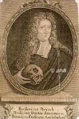 Ruysch, Fredrik, 1638 - 1731, Den Haag, Amsterdam, Niederländischer Arzt, Anatom, Chirurg u. Botaniker. 1661 Apotheker in Den Haag, 1666 Professor in Amsterdam., Portrait, KUPFERSTICH:, [J. E. Kraus sc.]