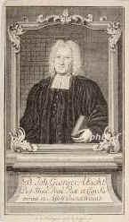 Abicht, Johann Georg, 1672 - 1740, Knigsee (Thringen), Wittenberg, Lutherischer Theologe, 1702 Professor in Leipzig, 1717 Rektor u. Pastor in Danzig, 1727 Prof. u. Generalsuperintendent in Wittenberg., Portrait, KUPFERSTICH:, J. D. Philippin geb. Sysangin sc. [1758]