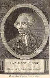 Cook, James, 1728 - 1779, Marton-in-Cleveland , Hawaii [im Kampf mit Eingeborenen], Seefahrer, Forschungsreisender, Kartograph., Portrait, KUPFERSTICH:, Torino Appo Francesco Prato Librajo.