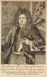 Golowyn, Fjodor Alexejewitsch, 1650 - 1706, , Gluchow (Gouv Tschernigow), Russischer Minister,  Admiral u. Vertrauter Peter d.Gr., 1700 Leiter der Auenpolitik u. Grokanzler von Moskau., Portrait, KUPFERSTICH:, [Martin Bernigeroth sc.]