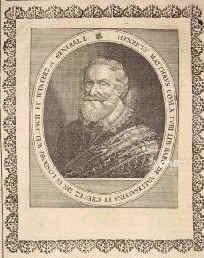 Thurn-Valsassina, Heinrich Matthias Graf von, 1567 - 1640, Lipnitz (Schlo) (Bhmen), Pernau (Livland), 1618 General der mhrischen Stnde, nimmt Prag, Budweis, Iglau, Znaim, vor Wien, Prag (hauptverantwortlich fr den Prager Fenstersturz), in siebenbrgischen Diensten, vor Pressburg, 1626 dnischer Generalleutnant, in Boitzenburg, Hamburg, Wandsbeck, Elmshorn, Bremerfrde, Stade, 1628 schwedischer Generalleutnant, bei Danzig, Thorn, Marienwerder, 1630 im Heer Gustav Adolfs, 1634 Kommandant in Regensburg, von Knigin Christine von Schweden mit der Grafschaft Pernau belehnt., Portrait, KUPFERSTICH:, [Merian exc.]