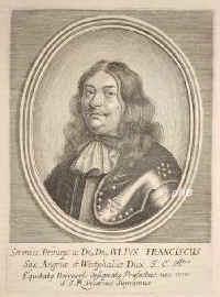 LAUENBURG: Julius Franz, (letzter) Herzog von Sachsen-Lauenburg, 1641 - 1689, Prag, Reichstadt (Bhmen), Regent 166689. Nachfolger seines Bruders Franz Erdmann (16291666). Zweiter (4.) Sohn von Herzog Julius Heinrich (15861665) aus 3.Ehe mit Anna Magdalene Frstin von Lobkowitz (+1668); vermhlt 1668 mit Hedwig, Pfalzgrfin von Sulzbach (16501681). Ohne mnnlichen Erben.   Kaiserlicher Feldmarschall. [>SACHSEN, Portrait, KUPFERSTICH:, [Merian sc.]