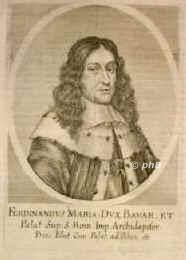 BAYERN: Ferdinand Maria, Kurfrst von Bayern, 1636 - 1679, Mnchen, Schleiheim bei Mnchen, Regent 165179. ltester Sohn und Nachfolger von Kurfrst Maximilian I. (15731651) aus 2. Ehe mit Erzherzogin Maria Anna von sterreich (16101665), Tochter von Kaiser Ferdinands II.; vermhlt 1652 mit Prinzessin Adelaide Henriette von Savoyen (16361676).  Vater von Kurfrst Maximilian II. Emanuel (16621726)., Portrait, KUPFERSTICH:, [Merian exc.]