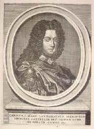 HESSEN: Karl I., Landgraf von Hessen-Kassel, 1654 - 1730, Kassel, Kassel, Regent 16701730. Zweiter Sohn von Landgraf Wilhelm VI. (16291663) u. Hedwig Sophie von Brandenburg (162383), Tochter von Kurfrst Georg Wilhelm u. Schwester des Groen Kurfrsten; vermhlt 1673 mit Maria Anna von Kurland (16531711).  Nahm 1685 vertriebene franzs. Hugenotten auf (Grndung von KasselOberneustadt und Karlshafen), errichtete 1710 das Collegium Carolinum, legte in Kassel die Karlsaue an und erbaute Bergpark u. Schlo Weienstein (spter Wilhelmshhe)., Portrait, KUPFERSTICH:, [Merian exc.]