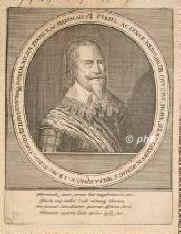 Horn, Gustav Graf, 1592 - 1657, Uppsala, Skara, Schwedischer Feldherr im 30jhr. Krieg. Erobert 1625 Dorpat, 1630 Kolberg, Mergentheim, Heilbronn, 1632 Bamberg, Schweinfurt, Coblenz; Trarbach, Kirchheim i. Hundsrck, Offenburg, Kolmar, Schletstedt, Kaufbeuren, Mindelheim, Sigmaringen, Konstanz, Kenzingen, Waldsee, Ravensburg, Wangen, Isny, Leutkirchen, Weingarten, Msskirch, Buchhorn, Memmingen, Kempten, berlingen, eroberte Landshut, bei Nrdlingen gefangen; Gouverneur von Livland. Stud. in Rostock, Jena, Tbingen., Portrait, KUPFERSTICH:, [Merian sc.]