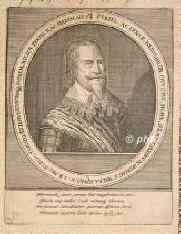 Horn, Gustav Graf, 1592 - 1657, Uppsala, Skara, Schwedischer Feldherr im 30jhr. Krieg. Erobert 1625 Dorpat, 1630 Kolberg, Mergentheim, Heilbronn, 1632 Bamberg, Schweinfurt, Coblenz; Trarbach, Kirchheim i. Hundsrck, Offenburg, Kolmar, Schletstedt, Kaufbeuren, Mindelheim, Sigmaringen, Konstanz, Kenzingen, Waldsee, Ravensburg, Wangen, Isny, Leutkirchen, Weingarten, Msskirch, Buchhorn, Memmingen, Kempten, berlingen, eroberte Landshut, bei Nrdlingen gefangen; Gouverneur von Livland. Stud. in Rostock, Jena, Tbingen., Portrait, KUPFERSTICH:, [Merian sc.]