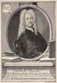 Heumann, Christoph August, 1681 - 1764, Allstedt (Thringen), Gttingen, Polyhistor. Universittsprediger in Jena, 1709 Inspektor des theolog. Seminars in Eisenach, 1717 Rektor der Gelehrtenschule in Gttingen, 1734 dort Professor., Portrait, KUPFERSTICH / RADIERUNG:, Mich. Rler sc.