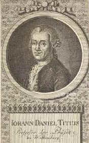 Titius (Tietz), Johann Daniel, 1729 - 1796, Konitz (Westpreuen), , Mathematiker u. Physiker. 1761 Professor in Wittenberg. Erbauer des ersten Blitzableiters in Wittenberg, Herausgeber der ersten periodischen Zeitung (