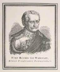 Blcher (von Wahlstatt), Gebhard Leberecht (1814 Frst), 1742 - 1819, Rostock, Krieblowitz bei Breslau, Preussischer Feldmarschall. Bei Kaiserslautern, Kirrweiler, nahm 1802 Erfurt und Mhlhausen fr Preuen in Besitz, Gouverneur von Mnster 1803, Auerstdt, Lbeck, in Pommern, b. Wahlstadt, Mckern, ber den Rhein b. Kaub und Mannheim, 1815 Ligny und Waterloo, nahm Paris., Portrait, HOLZSCHNITT:, ohne Adresse  [1834]