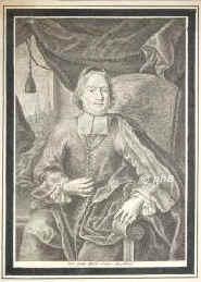 Braida von Ronsecco und Cornigliano, Franz Julian (Franciscus Julianus) Graf von, 1654?  - 1729, , , Herr des Schlosses GrossHeintzendorf (Gross Heinzendorf, auch Heintzenburg gen.) im Kreise Lben, ingleichen auf Herbersdorf, Neugut, Neudorf, Parchau im Kreise Polckwitz des Frstentums Glogau. 1703 Bischof zu  Hippon, Weihbischof u. Generalvikar des Bischofs zu Olmtz Cardinal Schrattenbach, auch  Archidiacon zu Znaim, Domherr zu Breslau. - Ursprnglich aus Turin stammendes Adelsgeschlecht des Frstentums Piemont, daraus Sprossen seit dem 17.Jh. in Mhren begtert., Portrait, KUPFERSTICH:, Joh. Andr. Pfeffel sc.