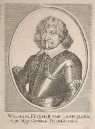 Lamboy, Wilhelm (1634 Freiherr, 1649 Reichsgragf) von,  - 1659, , Dimokur (Schlo) (Bhmen), Kaiserlicher General aus sdniederlndischem Geschlecht. 1632 bei Ltzen in schwedischer Gefangenschaft, fiel 1634 von Wallenstein ab, erobert 1635 Koburg, belagert 1636 Hanau vergeblich, nimmt 1640 Sonsbeck bei Xanten, wird 1642 zu Sankt Thnis bei Krefeld geschlagen, in franzsicher Gefangenschaft, 1645 Feldmarschall, erobert 1647 Dren, belagert 1648 Gelsenkirchen, wird bei Zons geschlagen, entsetzt Paderborn., Portrait, KUPFERSTICH:, [Peter II Aubry sc.?]