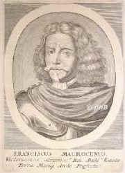 Morosini (Mauroceni), Francesco (gen. il Peloponnesiaco), 1619 - 1694, Venedig, , Venetianischer Feldherr gegen die Trken, 1656 Generalgouverneur von Kandia (Kreta), viermal Generalkapitn gegen die Trken. Eroberer von Morea 168488, bei seiner Belagerung Athens 1687 gingen der Partheon und viele antike Denkmler in Trmmer. 1688 zum Dogen erwhlt. >  VENEDIG: Francesco Morosini, Doge 168894., Portrait, KUPFERSTICH:, [El. Nessenthaler sc.?]