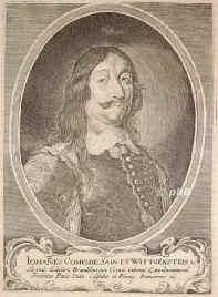 Sayn-Wittgenstein-Hohenstein, Johann VIII. Graf zu, 1601 - 1657, , , Kurbrandenburgischer Diplomat u. Staatsmann, Mitglied des consilium formatum der Heilbronner Bundesgenossenschaft, 1644 Gesandter in Kassel, 1645-48 in Mnster und Osnabrck, erreichte fr den Groen Kurfrsten die Erwerbung der Frstbistmer Minden u. Halberstatt sowie die Anwartschaft auf Magdeburg.  Wurde 1647 von Kurbrandenburg mit den hohensteinischen Herrschaften Lohra und Klettenberg (Sdharz) belehnt. Pfandinhaber des Amtes Wetter a.d.R.  Verm. 1627 mit Anna Augusta Grfin von Waldeck (16081658)., Portrait, KUPFERSTICH:, [Merian exc.]