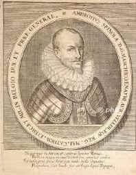 Spinola, Ambrogio, marqus de los Balbases, 1569 - 1630, Genua, Castelnuovo di Scrivia (Prov Alessandria), Spanischer General. Eroberte 1604 Ostende, 1605 Lingen, 1606 Groll, Aachen, Mhlheim am Rhein, 1614 Wesel und Xanten, 1620 bei Koblenz ber den Rhein, Engers, besetzte Oppenheim, Alzey, Bensheim, Heppenheim, Weinheim, Ladenburg, eroberte Kreuznach, Kirchberg, Trarbach, Beilstein, Kastellaun, Monzingen, Kirn, Stromberg, Mnchweiler-Glan, Bockenhausen, Meisenheim, Rdelheim, Wetzlar, 1625 Breda, 1630 Casale. 1629 Vizeknig von Mailand., Portrait, KUPFERSTICH:, [M. Merian sc.]