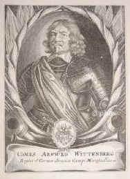 Wittenberg, Arfwed Graf,  - 1657, , [in polnischer Gefangenschaft], Schwedischer Feldmarschall. Kommandiert 1642 bei Leipzig, erobert Chemnitz, 1646 in Schlesien (Sagan, Garz, Glogau, Wartenberg, Schweidnitz, Ohlau, Namslau), 1647 in Opeln, nimmt Ratibor und Teschen, in Olmtz, Bernstadt, Oels, Breslau, im Vogtland, erobert Hof, Falkenau, zieht ber  Braunschweig, Gardelegen, Berlin, Frankfurt a.O. wieder nach Schlesien, Prag, Krakau, Warschaund, Portrait, KUPFERSTICH:, [M. Merian sc.]