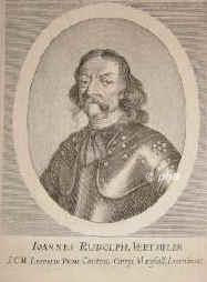 Werdmller, Johann Rudolph, 1614 - 1677, Zrich, Villingen, Schwedischer Oberst, Gouverneur von Christianpreis und Kiel, eroberte 1644 Fehmarn, 1645 in Verden, Bremervrde und Buxthehude, 1646 Kommandant in Nordhausen, belagerte 1647 Lindau, 1655 franzsischer, 1663 venetianischer General, 1673 kaiserlicher Feldmarschall-Lieutenant, belagerte 1673 Bonn, Lecheneich, Enzheim, Trkheim, Sasbach, Philippsburg, 1677 Saarbrcken., Portrait, KUPFERSTICH:, [M. Merian sc.]