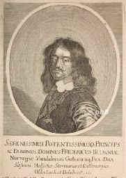 DNEMARK: Friedrich (Frederick) III., Knig von Dnemark und Norwegen, Herzog von Schleswig und Holstein, 1609 - 1670, Haderslevhus (Schlo), Kopenhagen, Regent 164870. Zweiter Sohn u. Nachfolger von Knig Christian IV. (15771648) u. Anna Katharina von Brandenburg (15751612); vermhlt 1643 mit Sophie Amalia von BraunschweigLneburgCalenberg (162885), Tochter von Herzog Georg.   1619 Koadjutor von Verden, 1626 von Osnabrck, 1634 Erzbischof von Bremen und Bischof von Verden. Fhrte 1660 das Erbknigtum ein. Erbt 1667 Oldenburg.  Alchimist.  > BREMEN: Friedrich II., Prinz von Dnemark (Knig Friedrich III.), Erzbischof 163448   VERDEN: Friedrich II., Prinz von Dnemark (Knig Friedrich III.), Bischof 162329, 163544., Portrait, KUPFERSTICH:, [M. Merian sc.]