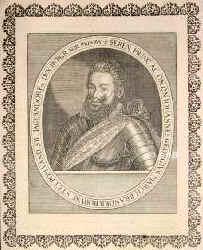 BRANDENBURG-PREUSSEN: Johann Georg, Markgraf von Brandenburg, 1607 Herr von Jgerndorf, 1577 - 1624, Wolmirstadt, Leutschau, Zweiter Sohn von Kurfrst Joachim Friedrich (15461608) aus 1.Ehe mit Katharina von BrandenburgKstrin (15491602); vermhlt 1610 mit Eva Christine von Wrttemberg (15901657), Tochter von Herzog Friedrich.  Als Anhnger Friedrichs V. von der Pfalz gechtet, verlor er Jgerndorf 1622 durch kaiserl. Lehnsbrief an den Frsten Karl von Liechtenstein.  15921604 Bischof von Straburg. [> STRASSBURG: Johann Georg, Portrait, KUPFERSTICH:, [M. Merian sc.]