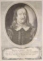 Heher, Georg Achatius, 1601 - 1667, Nrnberg, Rudolstadt, Jurist, Mitglied der Fruchtbringenden Gesellschaft. Advokat in Nrnberg, Vicekanzler in Wrzburg, Dir. der Kriegskanzlei in Regensburg, 1648 Gothaischer Oberamtmann in Heldburg, Anhaltischer Ges. zum Westfl. Frieden, 1659 Kanzler in Rudolstadt., Portrait, KUPFERSTICH:, [Merian sc.]