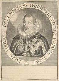 SPANIEN: Philipp (Felipe) III., Knig von Spanien u. Portugal, 1578 - 1621, Madrid, Escorial, Regent 15981621. Dynastie Habsburg. Jngster (5.) Sohn u. Nachfolger von Knig Philipp II. (15271598) aus 4.Ehe mit Erzherzogin Anna von sterreich [Ana de Austria] (15491580); vermhlt 1599 mit Erzherzogin Margarete von sterreich (15841611)., Portrait, KUPFERSTICH:, [Merian exc.]