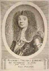 POLEN: Michael Thomas (Michal Thomasz) Korybut Wisniowiecki, Knig von Polen, 1640 - 1673, Wisniow (Wolhynien), Lemberg, Regent 166973. Sohn von Jeremias Michael Wisniowiecki u. Griselda Zamoyska; vermhlt 1670 mit Eleonora Maria Josepha von sterreich (16531697) [Tochter von Kaiser Ferdinand III.], in zweiter Ehe 1678 vermhlt mit Herzog Karl IV. von Lothringen., Portrait, KUPFERSTICH:, [Merian sc.]