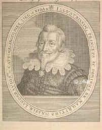HESSEN: Moritz der Gelehrte, Landgraf von Hessen-Kassel, 1572 - 1632, Kassel, Eschwege, Regent 1592–1627, resigniert. Ältester Sohn u. Nachfolger Landgraf Wilhelm IV. dem Weisen (1532–1592) [Sohn von Philipp I. dem Großmüthigen (1504–1567)] und Sabine von Württemberg (1549–1581), Tochter von Herzog Christoph; vermählt 1) 1593 mit Gräfin Agnes von Solms–Laubach (1578–1602), 2) 1603 Gräfin Juliane von Nassau–Siegen (1587–1643). – Führte 1605 den Calvinismus ein, gründete 1604 das Ottoneum (erstes ständiges Theater mit engl. Komödianten), 1623 Mitglied der Fruchtbringenden Gesellschaft. Philologe, Mathematiker, Astronom, Geograph und Musiker, Verfasser des ältesten Exerzierreglements., Portrait, KUPFERSTICH:, [Merian exc.]