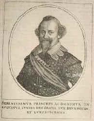 BRAUNSCHWEIG-LNEBURG: August II. der Jngere, Herzog von Braunschweig-Wolfenbttel, 1636 in Dannenberg, 1579 - 1666, Dannenberg, Wolfenbttel, Regent 163566. Dritter (4.) u. jngster Sohn von Herzog Heinrich in Dannenberg (15331598), lterem, aber apanagiertem Bruder des reg. Herzogs Wilhelm V. in Celle (15351592), u. Ursula von SachsenLauenburg (1552/531620); vermhlt 1) 1607 mit Clara Maria von Pommern (15741623); 2) 1623 mit Dorothea von AnhaltZerbst (16071634); 3) 1635 mit Sophia Elisabeth von MecklenburgGstrow (16131676).  Begrnder des Neuen Hauses Braunschweig: regierte in Wolfenbttel seit 1635, in Dannenberg seit 1636.  Bchersammler, Gelehrter u. Schriftsteller ber Schachspiel und Kryptographie (Pseud. Gustavus Selenus). Neubegrnder der Wolfenbtteler Bibliothek. 1634 Mitglied der Fruchtbringenden Gesellschaft., Portrait, KUPFERSTICH:, [Peter Aubry II sc.]