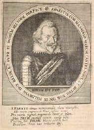 Mansfeld, (Peter) Ernst (II.) Graf von, 1580 - 1626, Luxemburg, Rakovica bei Sarajewo, Heerfhrer im 30jhr. Krieg. 1610 im Dienst der protestantischen Union, 1619 im Dienst Friedrichs V. von der Pfalz, 1622 im Dienst der Generalstaaten. Erobert 1618 Pilsen, entsetzt 1621 Frankenthal, nimmt Deidesheim, Kirweiler, Lauterburg und besetzt Stift Speyer; Hagenau, Mingelsheim, Wiesloch, Sinzheim, Eppingen, Ladenburg, Darmstadt, Stift Mnster, verbrennt Schlo Raesfeld, nimmt Dorsten, Lippstadt, Rheda, Meppen, Kloppenburg, Wildeshausen, besetzt Ostfriesland, 1625 Mlln und Travemnde, schneidet Lbeck den Verkehr ab, 1626 Havelberg, Brandenburg, Zerbst, 1626 von Wallenstein an der Dessauer Elbbrcke geschlagen., Portrait, KUPFERSTICH:, [Merian exc.]