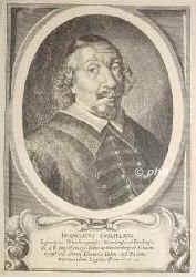 OSNABRCK: Franz Wilhelm Graf von Wartenberg, Frstbischof von Osnabrck, 1593 - 1661, Mnchen, Regensburg, Regent 162534 u. 164861, zugleich Frstbischof von Minden 162948, von Verden 163048, Administrator von Hildesheim 163348 und 1642 Koadjutor u. 164961 Frstbischof von Regensburg.   ltester Sohn von Ferdinand (15501608), jngerem Bruder Herzog Wilhelms V. von Bayern, aus morganat. Ehe mit Maria Pettenbeck (15731619).  Studium in Ingolstadt u. Rom. 1621 Obersthofmeister u. leitender Minister seines Vetters Ferdinand von Kln (15771650)., Portrait, KUPFERSTICH:, [Anselm van Hulle p.  Matthus Merian d.. sc.]