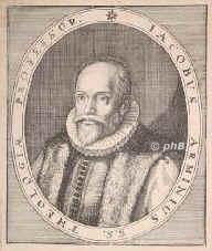 Arminius, Jacobus (eig. Jacob Harmensz.), 1560 - 1609, Oudewater (Sdholland), Leiden, Niederlndischer reformierter Theologe, 1588 Prediger in Amsterdam, 1603 Professor in Leyden, in Utrecht, Rotterdam, Marburg, Genf, Basel. Stifter der Arminianer., Portrait, KUPFERSTICH:, [Merian exc.]
