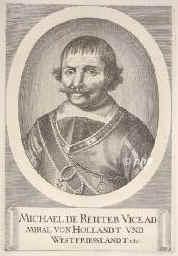 Ruyter, Michiel Adriaansz. De, 1607 - 1676, Vlissingen, vor Syrakus, Niederlndischer Admiral und Seeheld. Seit 1652 im Dienst der Generalstaaten, 1665 Oberkommandierender der Flotte gegen die Englnder, die er dreimal schlug u. 1667 in die Themse einlief., Portrait, KUPFERSTICH:, [Matthus Merian d.J. sc.?]