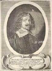 Reigersberg, Nicolaus Georg von,  - 1652, , Aschaffenburg, Kurmainzischer Staatsmann. 1626 Stadtschulthei in Aschaffenburg, 1643 Kanzler, Geheimer Rat, 1645 Gesandter zum Westflischen Frieden in Mnster., Portrait, KUPFERSTICH:, [Matthus Merian d.J. sc.?]