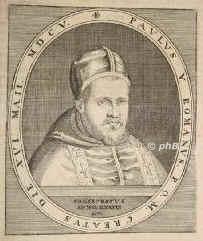 PAPST: Paul V. (Camillo Borghese), , 1552 - 1621, Rom, Rom, Regent 160521. Unter Clemens VIII. 1595 Nuntius in Madrid, 1596 Kardinal, 1597 Bischof von Jesi, 1603 Generalvikar von Rom u. Inquisitor.  Unter seinem Pontifikat Abschlu des Baus von St.Peter u. Anlage der Acqua Paola., Portrait, KUPFERSTICH:, [Merian exc.]