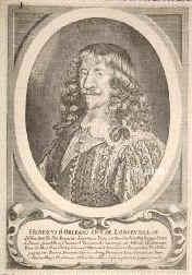 Longueville, Henry II d'Orlans, duc de, 1595 - 1663, , Rouen, Franzsischer General und Staatsmann. bernahm 1639 die Armee Bernhards von Weimar in Breisach, nahm Oppenheim, Neustadt a.d.Haardt, Bingen, Kreuznach, 1640 Friedberg, Braunfels, Langensalza, Saalfeld. 1645-47 Friedensgesandter in Mnster, dann Gouverneur der Normandie (als solcher beteiligt an der Fronde).  Durch seine 2.Gemahlin AnneGenevive de BourbonCond (161979) Schwager des groen Cond., Portrait, KUPFERSTICH:, [Merian exc.]