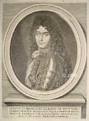 Boufflers, Louis-Francois (1695 duc) de, 1644 - 1711, Cagny (Dp Oise), Fontainebleau, Feldherr Ludwig XIV., 1693 marchal de France. Eroberte 1688/89 Kaiserslautern, Speyer, Worms, Oppenheim, Mainz, Neustadt/Weinstrae, Kreuznach, Koblenz, verteidigte 1695 Namur, im Spanischen Erbfolgekrieg  Oberkommandierender in den Niederlanden., Portrait, KUPFERSTICH:, [Merian exc. 1702]