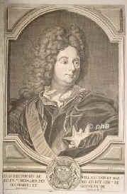 Villars, Claude Louis Hector, duc de, 1653 - 1734, Moulins, Turin, Franzsischer Diplomat und Feldherr. 167279 in den Niederlanden u. am Rhein, focht unter dem Kurfrsten von Bayern in Ungarn gegen die Trken, 1692 bei Pforzheim, 1697 Gesandter in Wien, spter in Mnchen, siegte 1702 bei Friedlingen, nahm 1703 Breisach, befehligte 1713 im Elsa, zwang Landau und Freiburg zur bergabe. 1718 Staatsminister., Portrait, KUPFERSTICH:, Hyacint Rigaud pinx.   A. Reinhard sc. [um 1720]