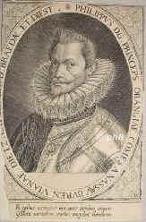 NASSAU-ORANIEN: Philipp Wilhelm (Filips Willem), Graf zu Nassau-Dillenburg, Prinz von Oranien, 1554 - 1618, Büren, Brüssel, Ältester Sohn von Wilhelm dem Schweiger (1533–1584) aus 1.Ehe mit Anna von Egmond, Gräfin von Büren (1533–1558); vermählt 1606 mit Eleonore de Condé (1587–1619). – In Spanien gefangen gehalten 1568–95, erhielt 1609 das Fürstentum Orange., Portrait, KUPFERSTICH:, Monogrammist: DC [Dominicus Custos]