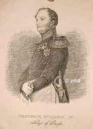 BRANDENBURG-PREUSSEN: Friedrich Wilhelm IV., Knig von Preuen, 1795 - 1861, Berlin, Sanssouci bei Potsdam, Regent 184061. ltester Sohn u. Nachfolger von Knig Friedrich Wilhelm III. (17701840) u. Luise von MecklenburgStrelitz (17761810); vermhlt 1823 mit Elisabeth von Bayern (18011873).  Trat 1858 wegen geistiger Umnachtung die Regierung an seinen jngeren Bruder Wilhelm [I.] ab., Portrait, RADIERUNG:, [A. Hansen sc.]