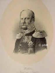 BRANDENBURG-PREUSSEN: Wilhelm I., Knig von Preuen u. Deutscher Kaiser, 1797 - 1888, Berlin, Berlin, Regent 186188. Zweiter Sohn von Knig Friedrich Wilhelm III. (17701840) u. Luise von MecklenburgStrelitz (17761810); vermhlt 1829 mit Auguste von SachsenWeimar (18111890).  Jngerer Bruder von Knig Friedrich Wilhelm IV. (17951861), dem er nachfolgt u. fr den er seit 1858 die Regentschaft fhrte. Berief Bismarck 1862 zum preu. Ministerprsidenten. 1871 in Versailles zum ersten Deutschen Kaiser proklamiert., Portrait, LITHOGRAPHIE:, ohne Knstleradresse, ca. 1865.